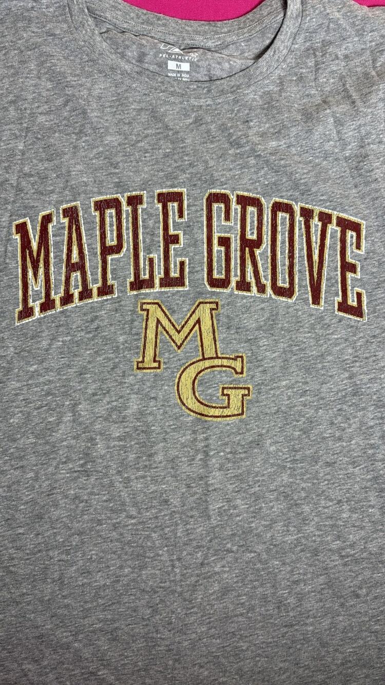 Maple Grove MG Graphic T‑Shirt – Gray Maroon Gold Athletic Size M